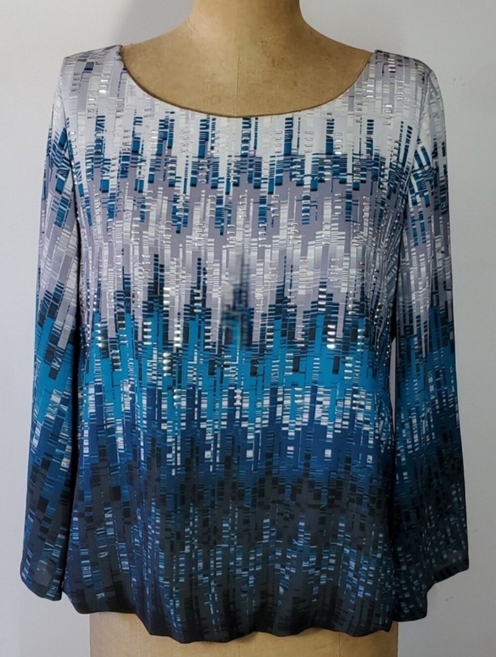 Alfani Size L/12 Blouse Embellished Studded Gray Blue Bell Sleeve Formal Lined